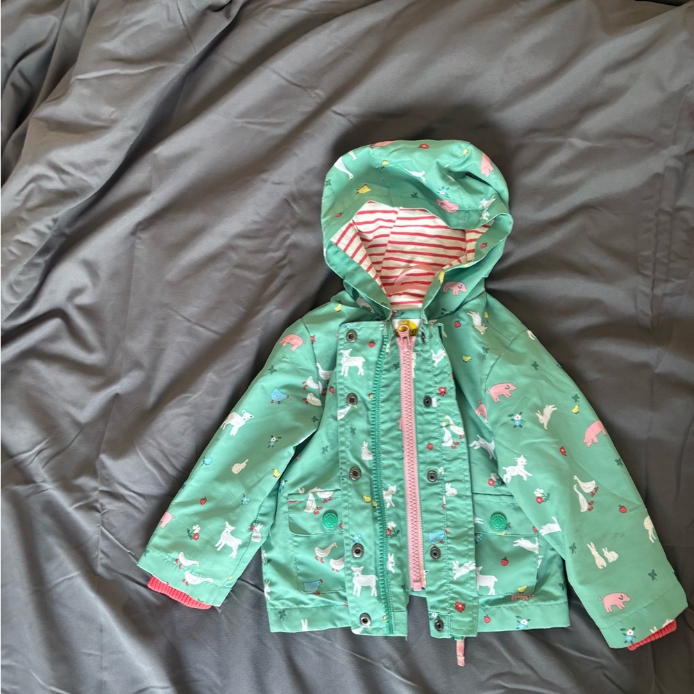 Baby Boden Teal Animal Print Raincoat - 6-12M - like new